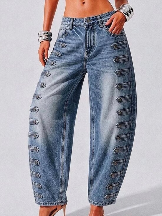 Denim - Women's High Waist Wide Leg Baggy Jeans - Edgy Denim Pants with Beltless Button